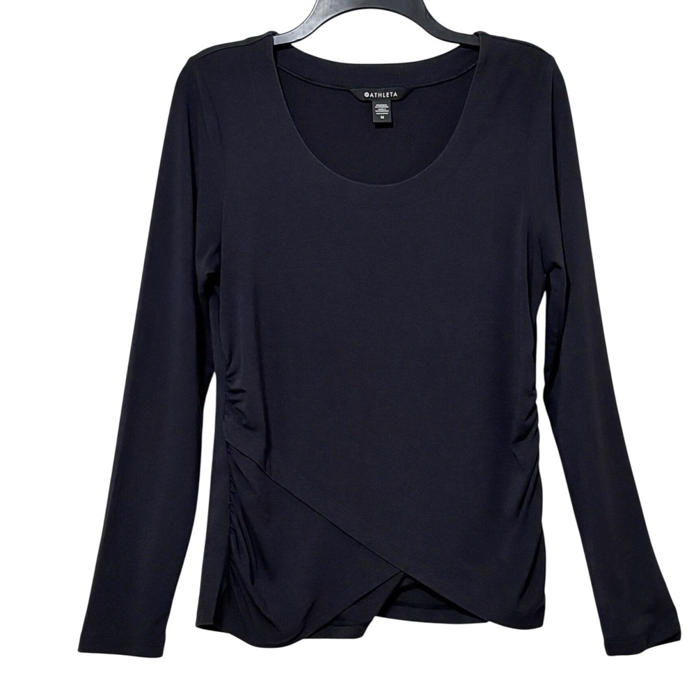 Athleta Sz. M -Black Ruched Side Crossover Tulip Hem Long Sleeve Scoop Neck Top - Picture 1 of 8